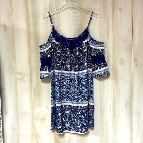 NWT My Michelle Navy Sage Pink Cold Shoulder Dress Sz L - Picture 1 of 6